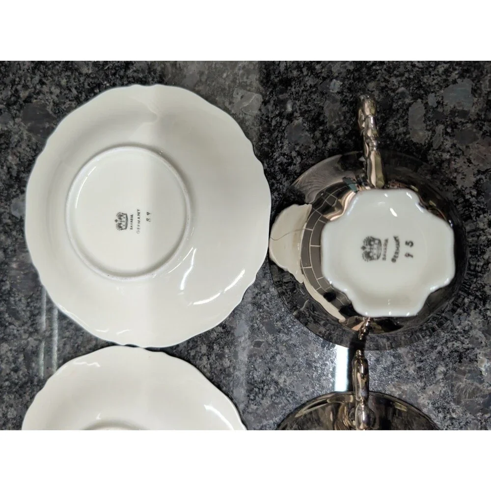 Vintage Bavaria Porcelain Silver White Germany 2 demitasse cups saucers